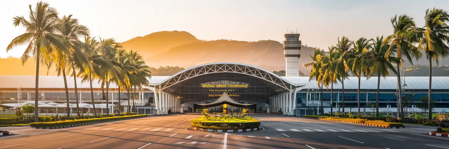 Chiang Mai International Airport terminal exterior with curved white roof canopy and Northern Thai mountains in the background at golden hour