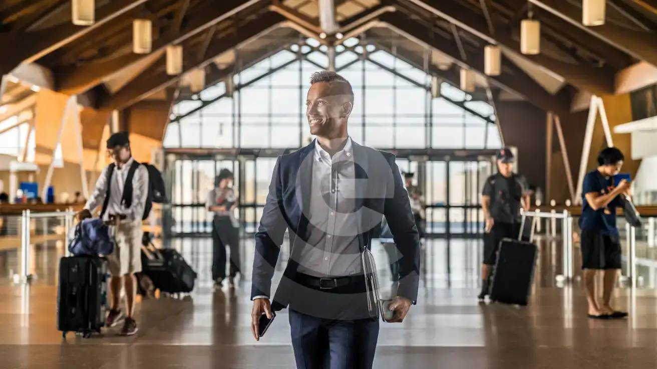 Business traveler walking through Chiang Mai International Airport arrivals concourse with smartphone in hand and laptop bag over shoulder