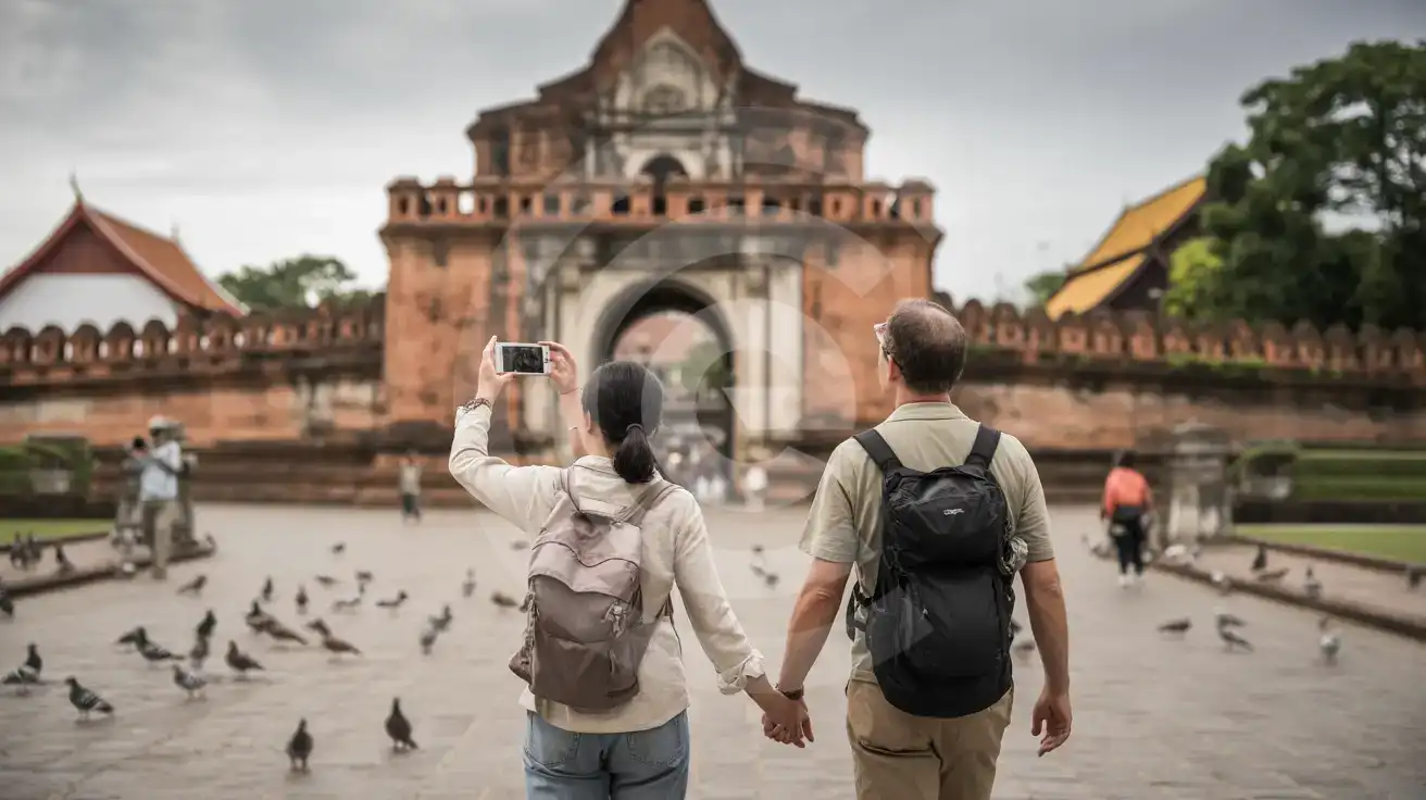 Couple walking through Tha Pae Gate entrance to Chiang Mai Old City