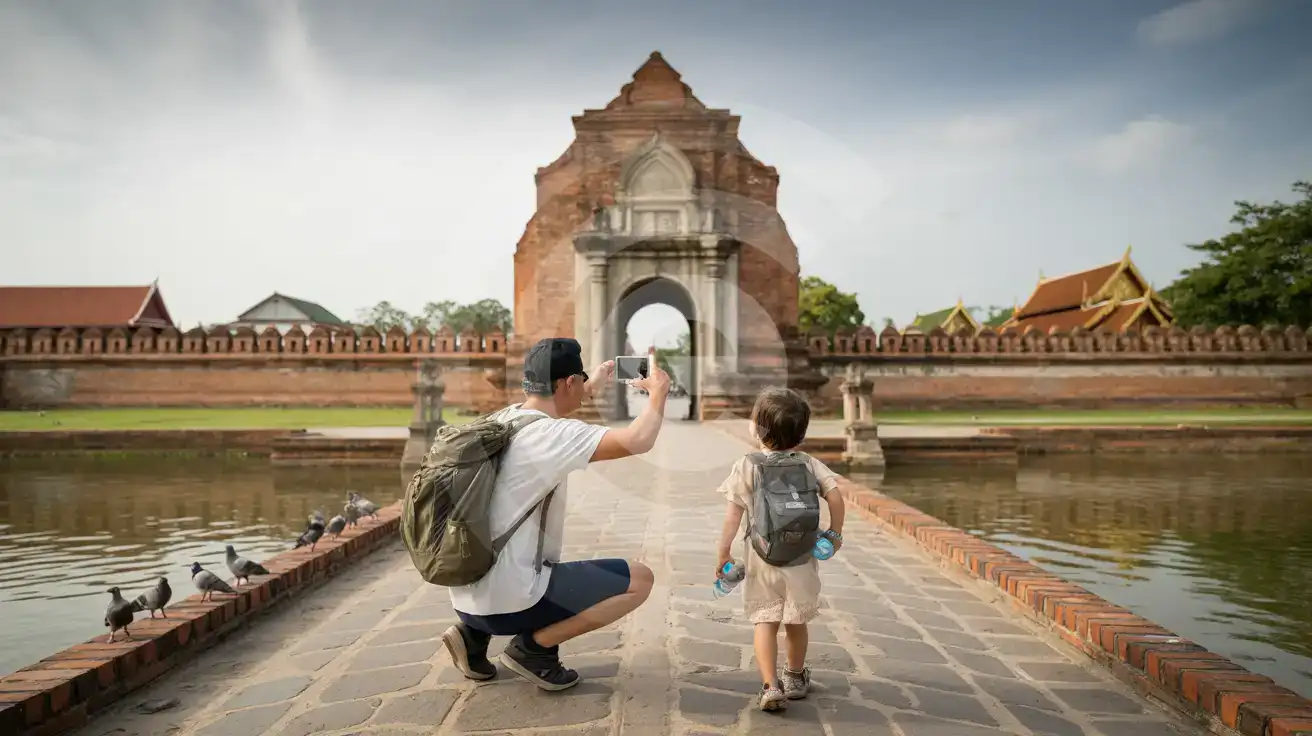 A parent and child approaching Tha Phae Gate in Chiang Mai Old City with smartphone capturing the historic brick entrance