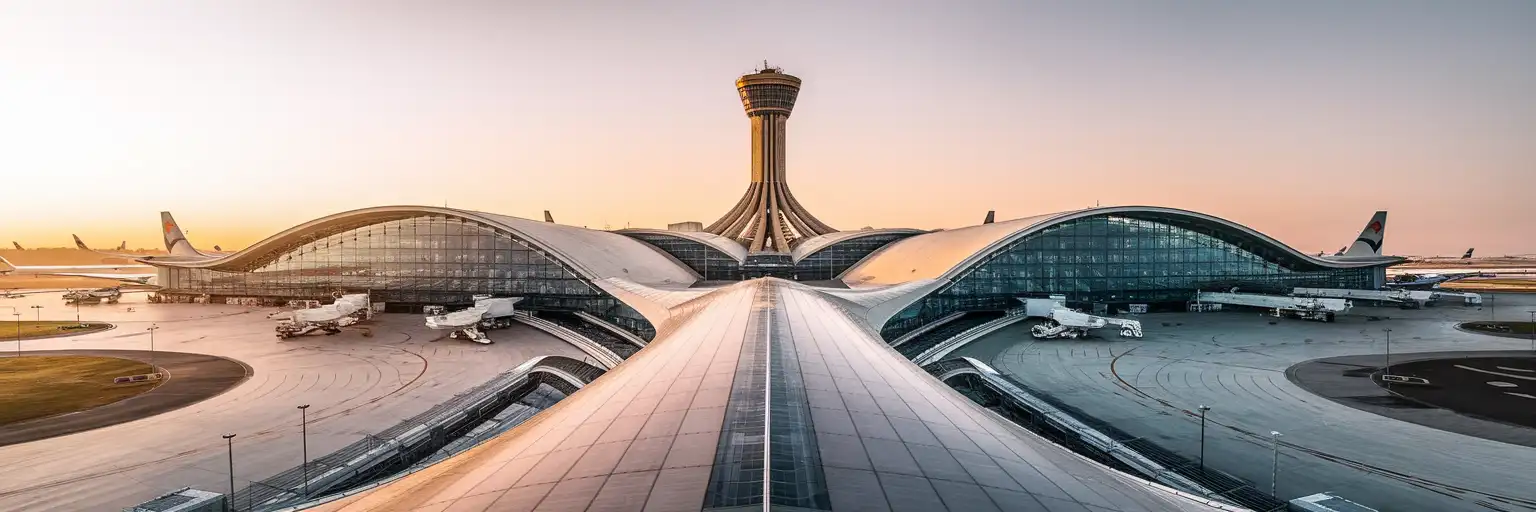 Istanbul Airport terminal facade with the iconic tulip-shaped control tower at golden hour