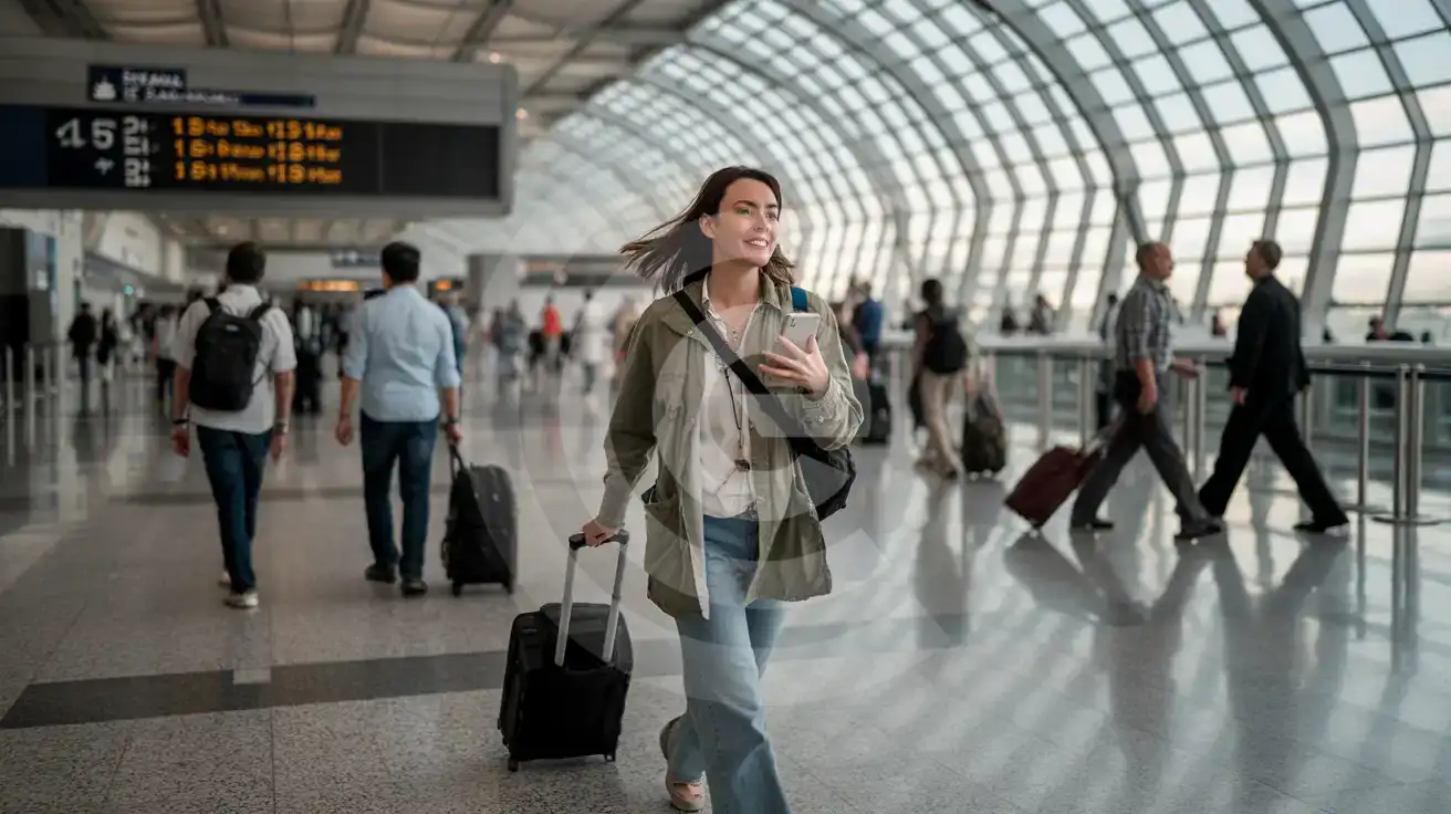 Solo female traveler walking through Istanbul Airport's hexagonal skylight concourse with smartphone in hand