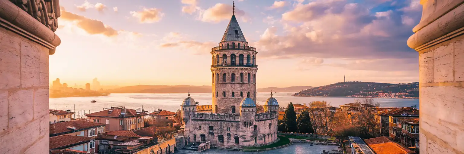 Galata Tower rising above Beyoğlu's historic townhouses at golden hour with the Bosphorus visible beyond