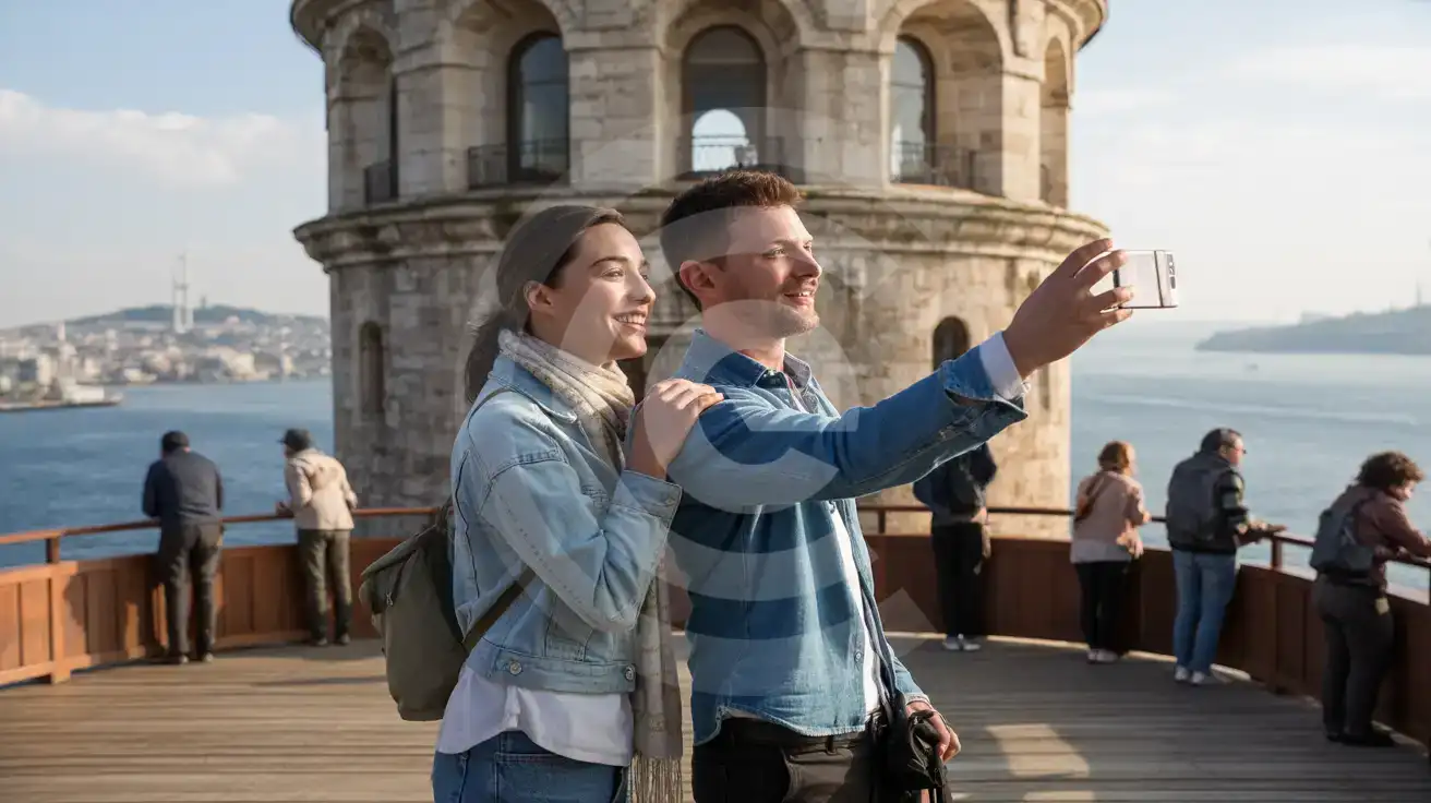 Couple photographing the Bosphorus view from inside Galata Tower's circular stone observation deck