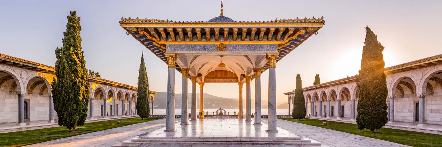 The Bab-üs Saade Gate at Topkapi Palace Museum with gilded portico and cypress trees in golden hour light
