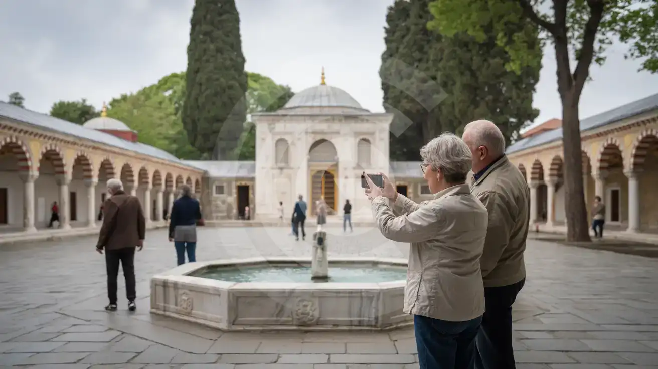 Senior couple photographing the Third Courtyard colonnade and Audience Chamber at Topkapi Palace Museum