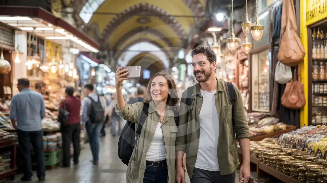 Couple photographing hanging lamps inside the Grand Bazaar's low stone-vaulted alleys with gold-detailed arches and market bustle