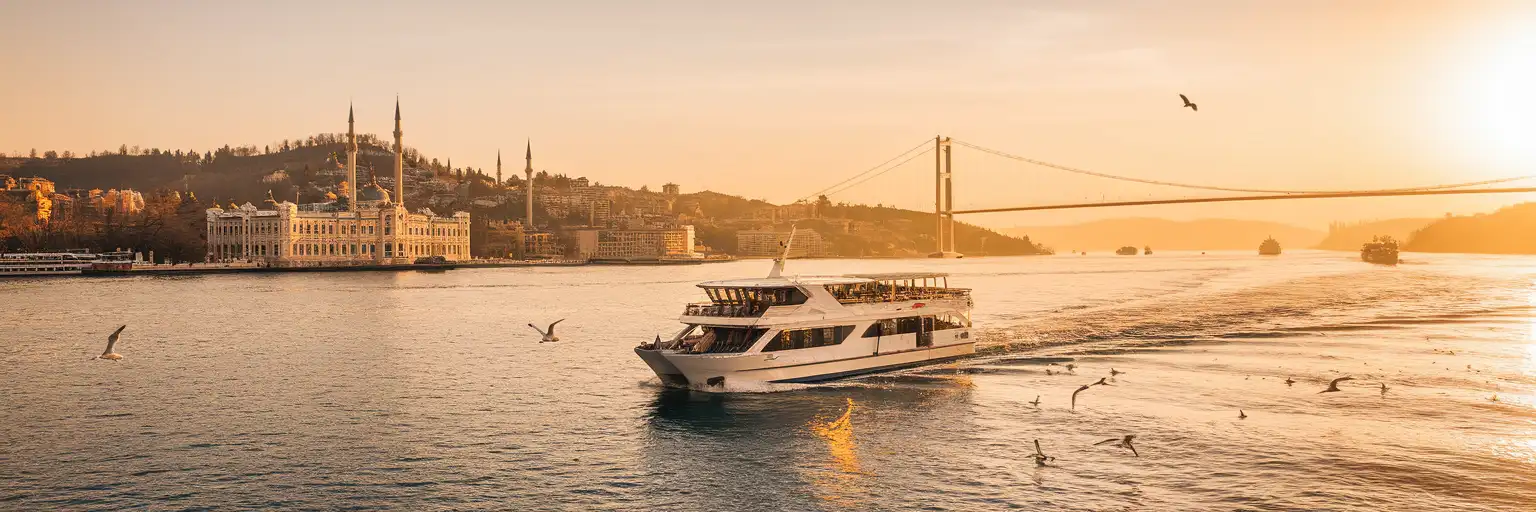 Şehir Hatları ferry cruising the Bosphorus Strait past Dolmabahçe Palace at golden hour in Istanbul