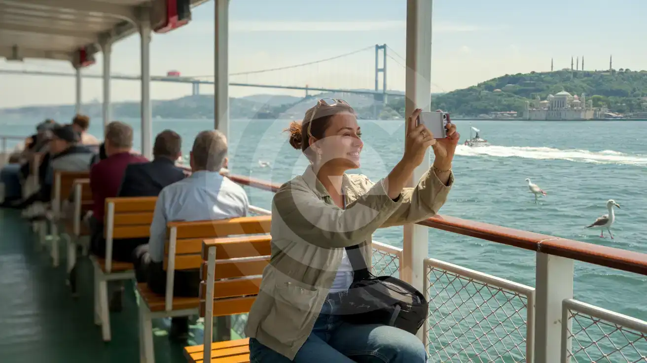 Solo traveler photographing Beylerbeyi Palace from the upper deck of a Bosphorus ferry in Istanbul