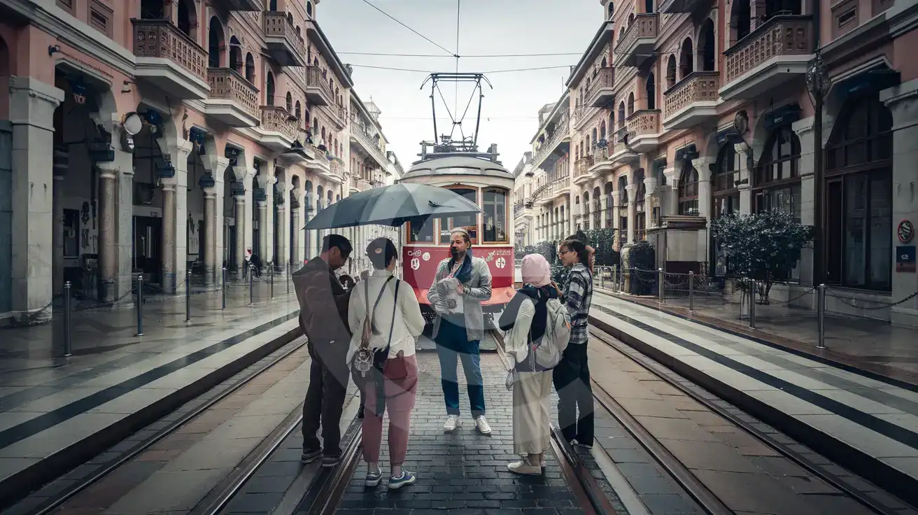 Tour group with phones raised near the nostalgic red tram on İstiklal Caddesi at Taksim Square, Istanbul