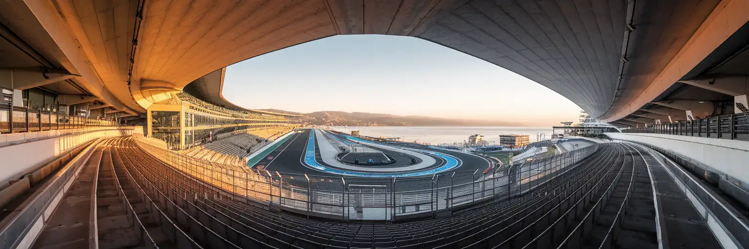 Tribuna și linia boxelor circuitului Formula 1 Istanbul Park la ora de aur, cu Marea Marmara vizibilă în fundal