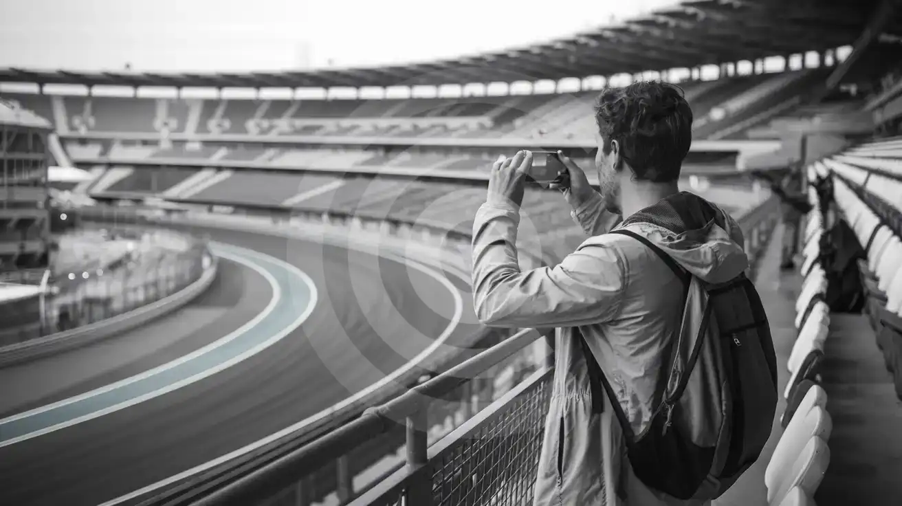 Călător singur fotografiind virajul 8 din Istanbul Park de pe tribune cu smartphone-ul