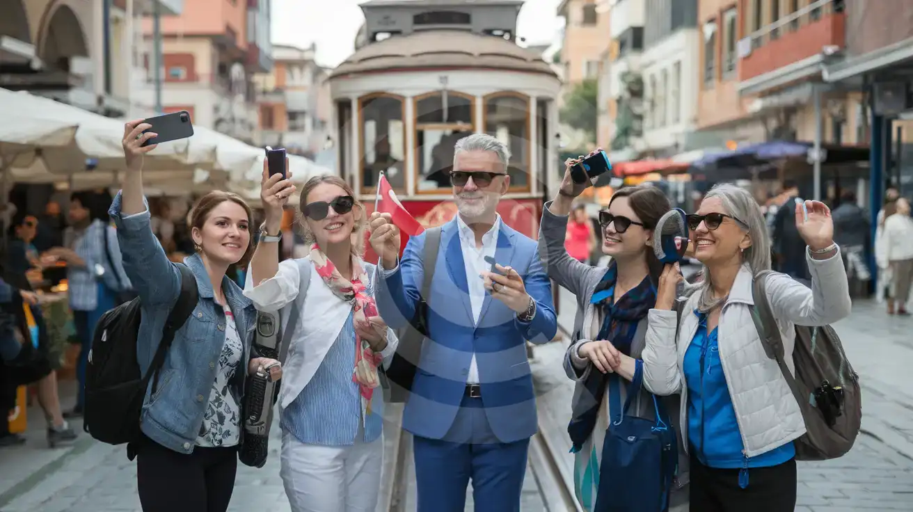 Guided tour group filming along the Kadıköy waterfront and Bahariye area in Istanbul, Turkey