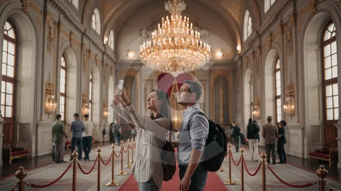 Mixed couple photographing the massive Bohemian crystal chandelier inside the Ceremonial Hall of Dolmabahçe Palace