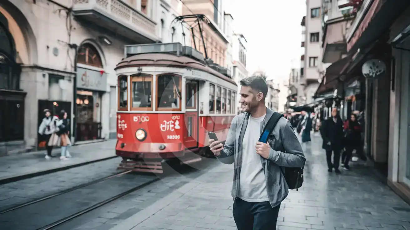 Solo male traveler on İstiklal Avenue with the historic tram in Beyoğlu, Istanbul, Turkey