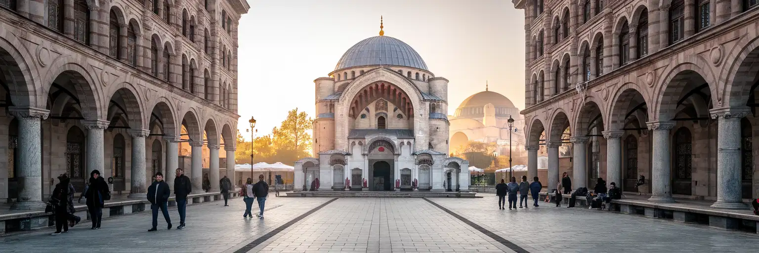 The entrance facade of the Basilica Cistern on Yerebatan Caddesi in Istanbul's Sultanahmet district at golden hour