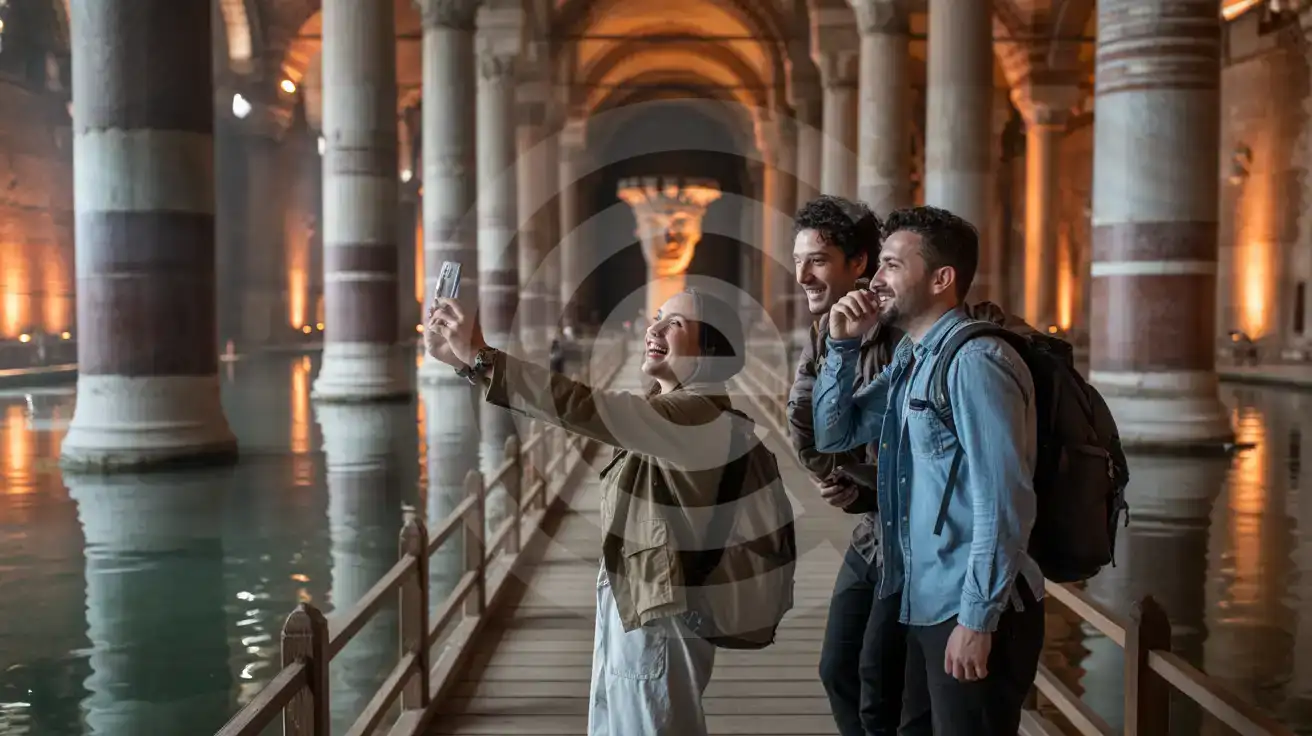 Friends photographing the underground marble columns of the Basilica Cistern in Istanbul with dramatic uplighting and water reflections