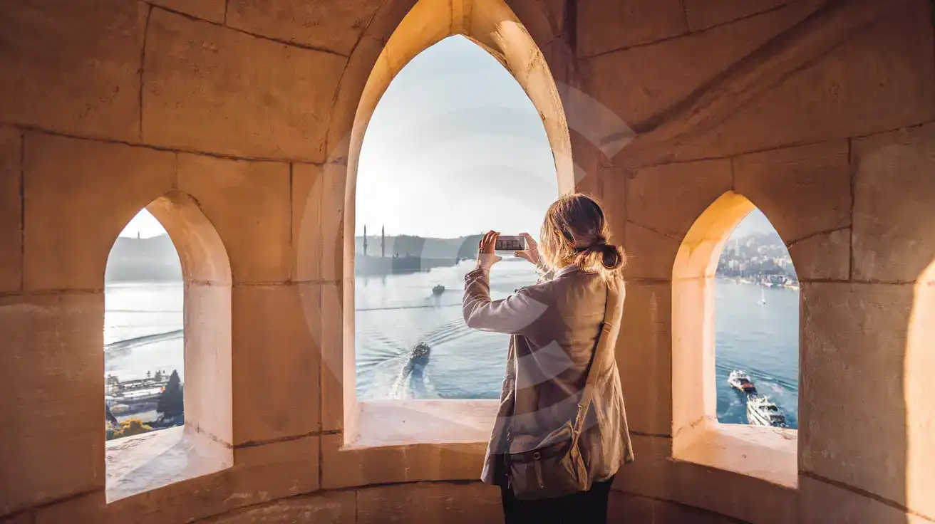 Solo female traveler photographing the Bosphorus and Sultanahmet skyline from Maiden's Tower observation terrace