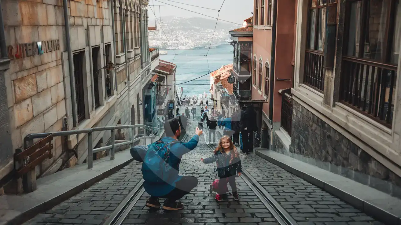 A parent and child on a steep Karaköy street in Istanbul using a phone while exploring near the waterfront