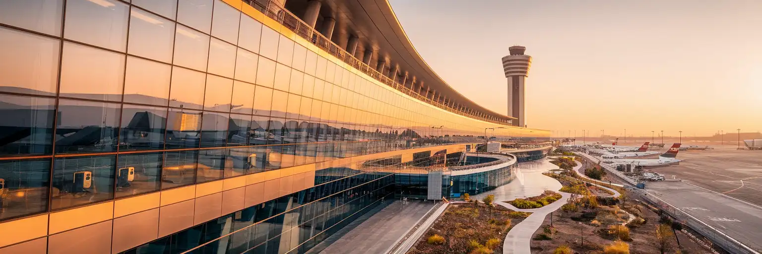 Sabiha Gökçen International Airport terminal building and control tower at golden hour in Istanbul, Turkey