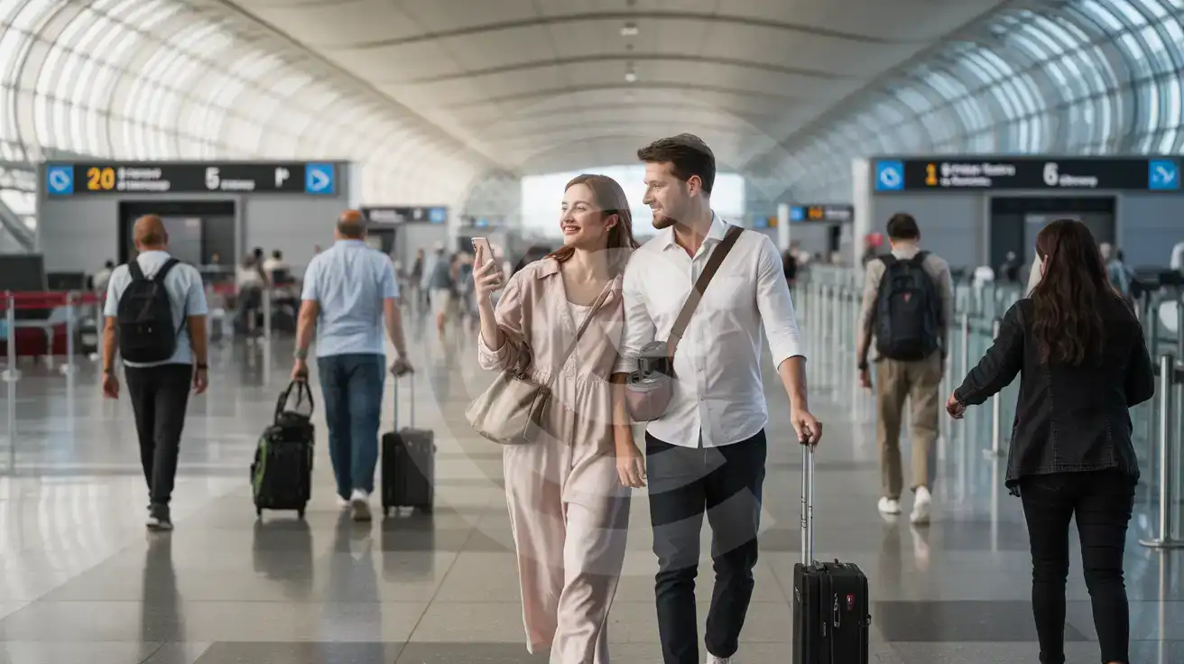 Honeymoon couple walking through Sabiha Gökçen International Airport arrivals concourse with smartphone in hand