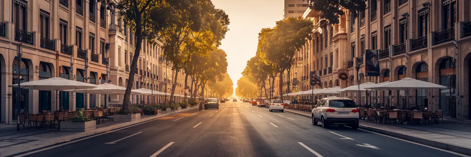 Vista esterna di Bağdat Avenue a Istanbul all'ora del tramonto, con il suo ampio viale alberato e l'elegante scena urbana