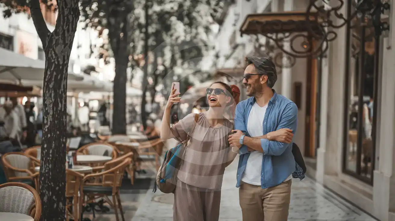A couple enjoying a lively street scene near Bağdat Avenue in Istanbul with phones ready for navigation and sharing
