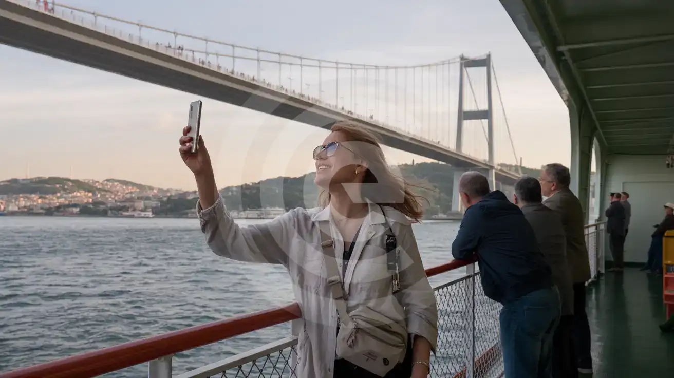 Solo female traveler photographing the 15 July Martyrs Bridge from a Bosphorus ferry deck as the boat passes beneath the span