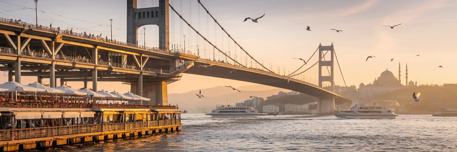 Galata Bridge spanning the Golden Horn at golden hour with fishermen lining the railings and Yeni Cami mosque in the background