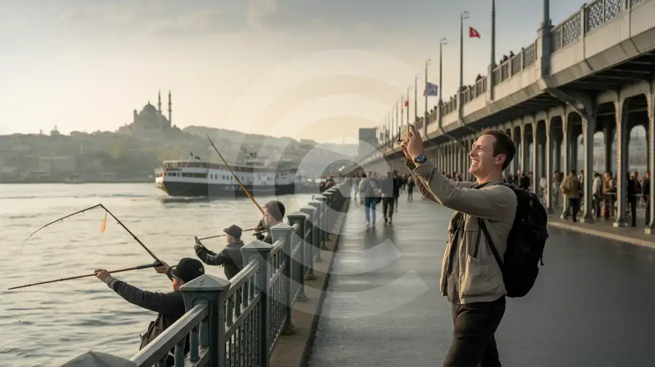 Solo male traveler photographing Yeni Cami mosque from Galata Bridge pedestrian walkway with fishermen and ferries in the scene