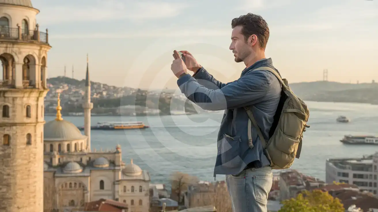 Solo male traveler photographing the Istanbul skyline from Galata Tower observation deck with the Golden Horn and Sultanahmet domes in the background