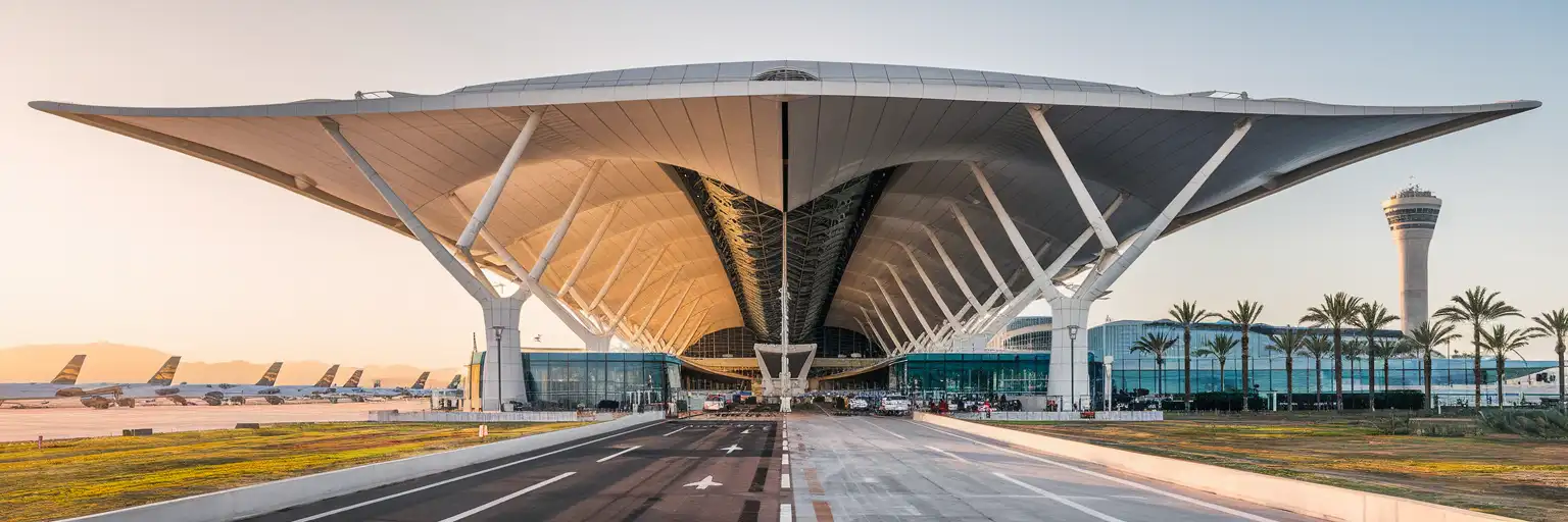 Antalya Airport Terminal 2 curved facade with Mediterranean canopy architecture and Taurus Mountains in golden hour light