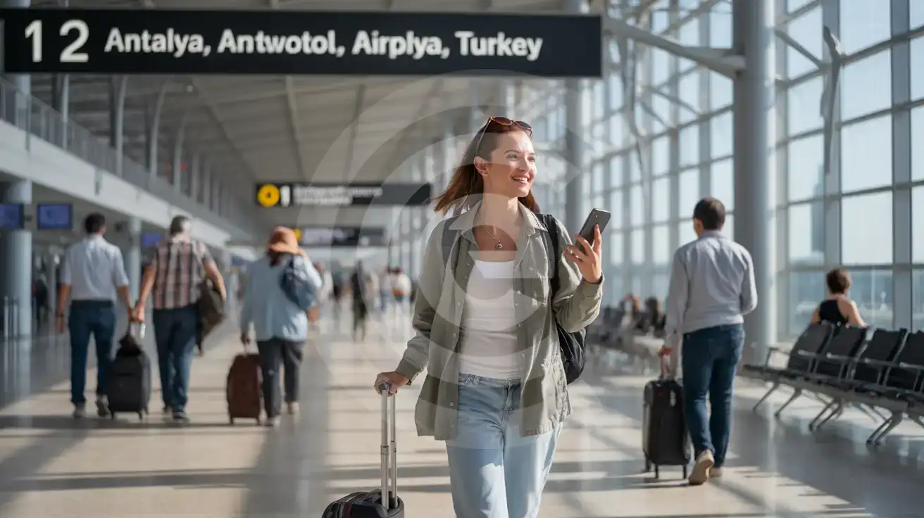 Solo female traveler walking through Antalya Airport Terminal 2 arrivals hall with rolling suitcase and smartphone