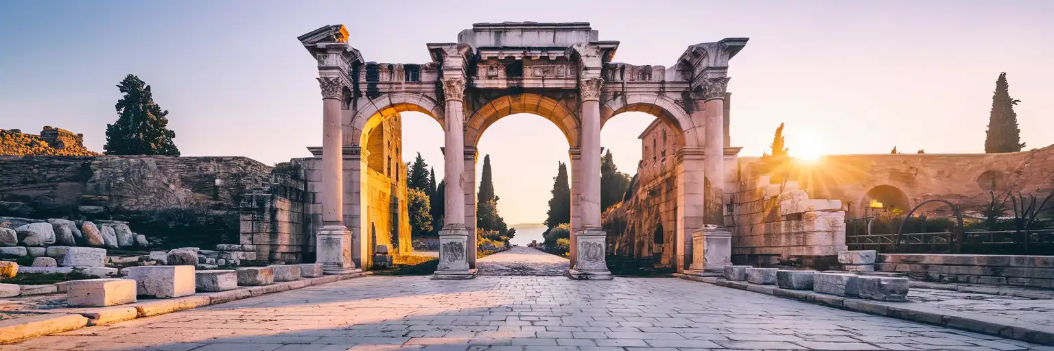 Hadrian's Gate at the entrance to Kaleiçi old town in Antalya at golden hour