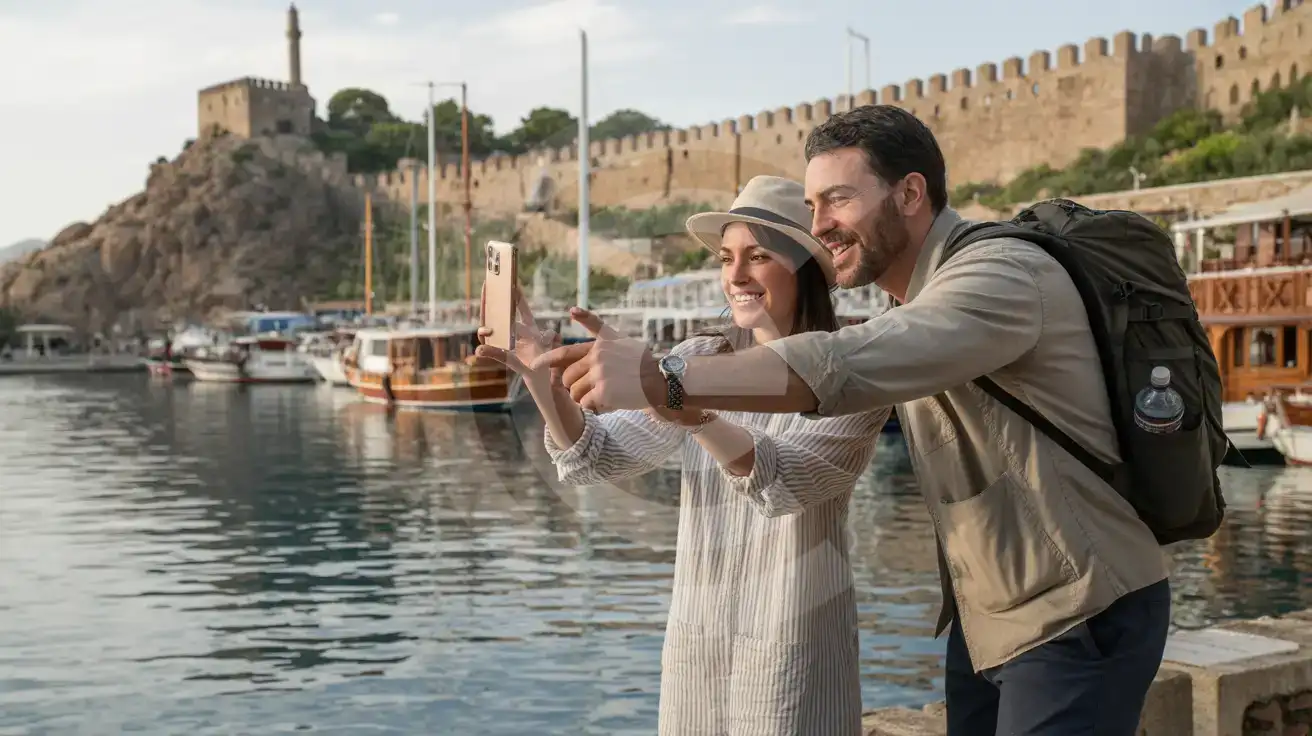 A couple photographing Kaleiçi's old harbor marina with Hıdırlık Tower on the cliff above in Antalya