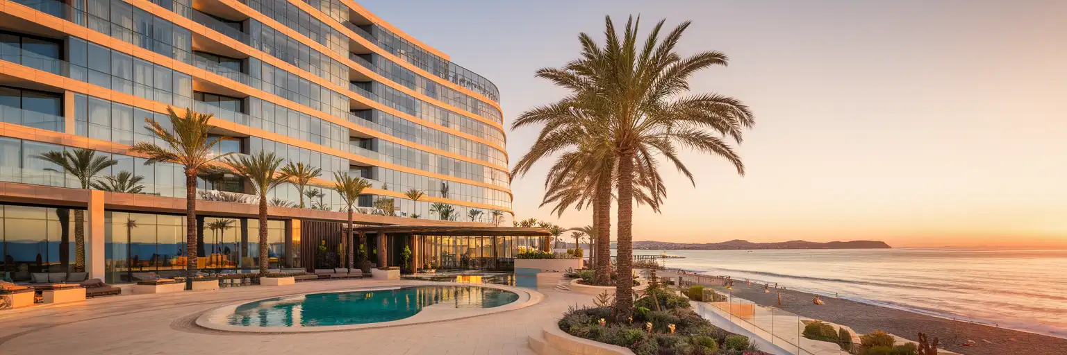 Rixos Downtown Antalya resort facade at golden hour with Mediterranean Sea views and palm-lined entrance
