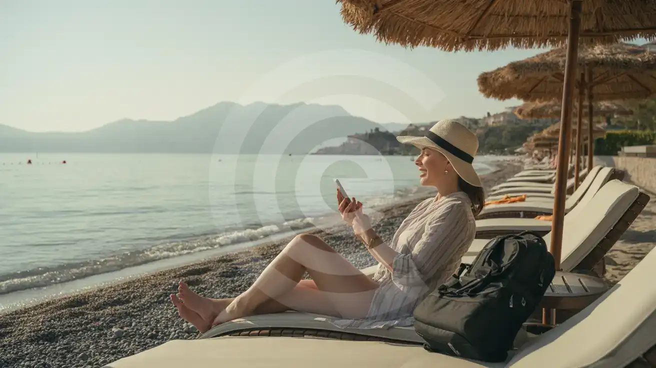 Solo female traveler relaxing on Rixos Downtown Antalya private beach with smartphone and Mediterranean views