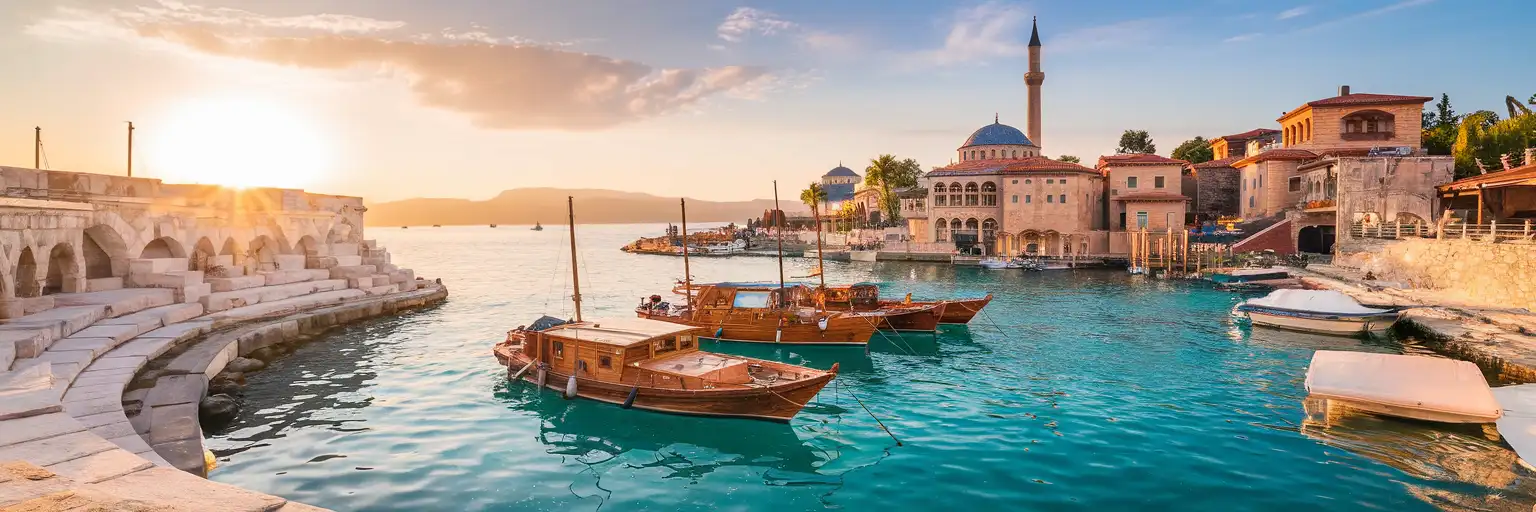 Kaleiçi Old Town harbor in Antalya with traditional gulet boats, the Yivli Minare rising above Ottoman rooftops, and Taurus Mountains in the golden-hour distance