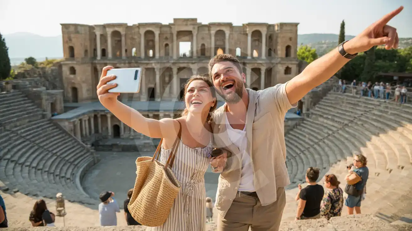 A couple photographing the ancient Aspendos Theatre in Antalya at golden hour, the intact Roman stage building rising dramatically behind them