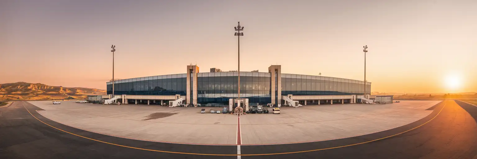 Exterior view of Nevşehir Kapadokya Airport terminal at golden hour in Cappadocia, Turkey