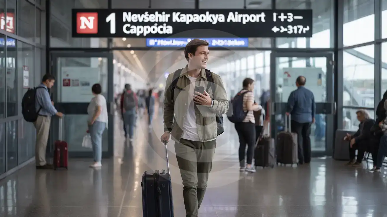 Solo male traveler walking through the arrivals-side interior at Nevşehir Kapadokya Airport with suitcase and phone