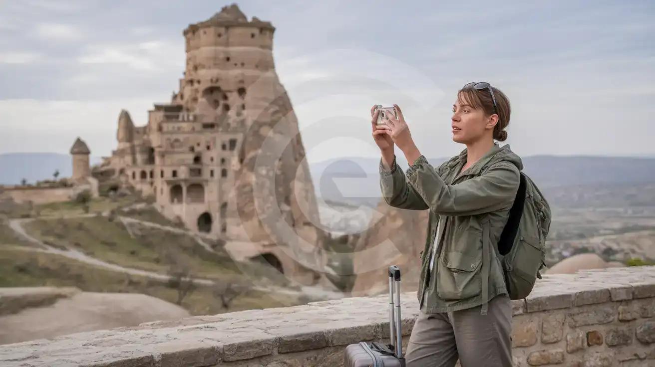 Solo female traveler photographing the towering Uçhisar Castle rock fortress in Cappadocia at a scenic viewpoint terrace