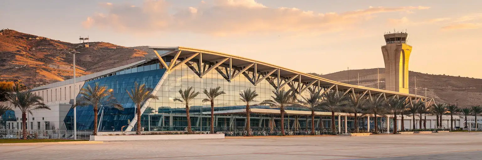 Milas-Bodrum Airport international terminal exterior at golden hour with control tower and Aegean hills in the background