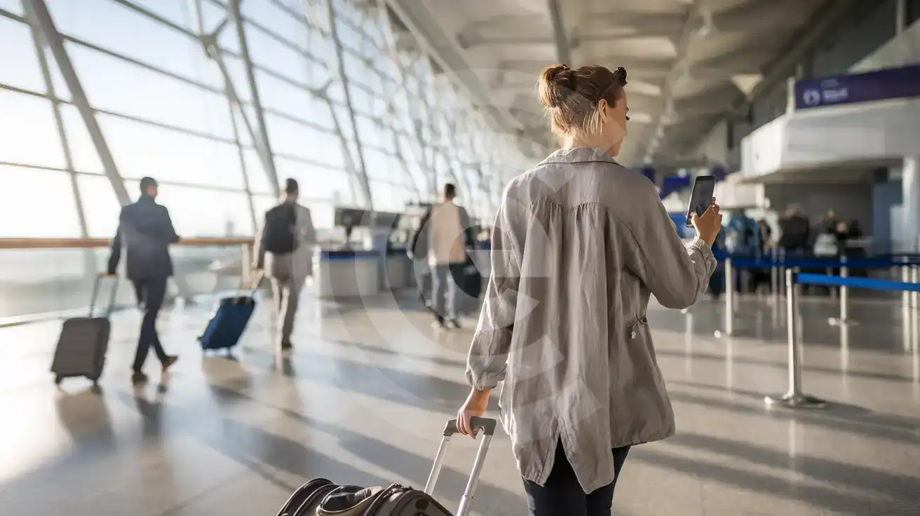 Solo female traveler walking through Milas-Bodrum Airport arrivals hall with smartphone in hand