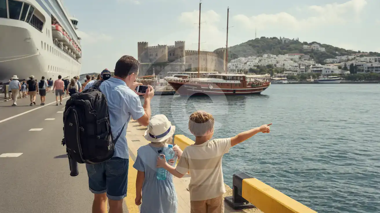 Family walking from Bodrum Cruise Port terminal toward Bodrum Castle, adult photographing the castle with smartphone while child points at gulet boats