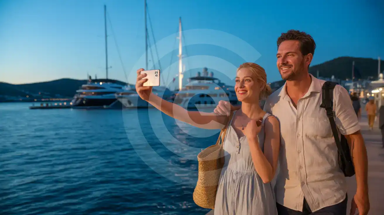 Couple photographing Bodrum Marina Yacht Club at blue hour twilight with luxury yachts and restaurant lights