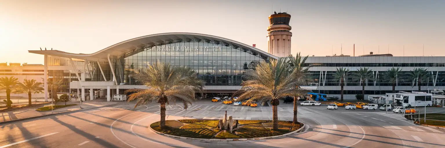 İzmir Adnan Menderes Airport terminal facade at golden hour with control tower and palm-lined forecourt