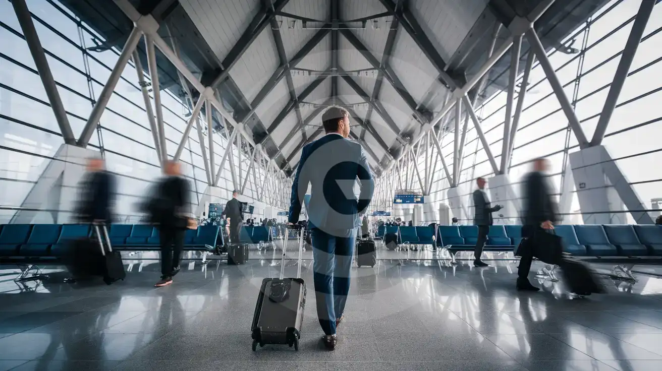 Business traveler walking through İzmir Adnan Menderes Airport arrivals hall with smartphone and rolling carry-on