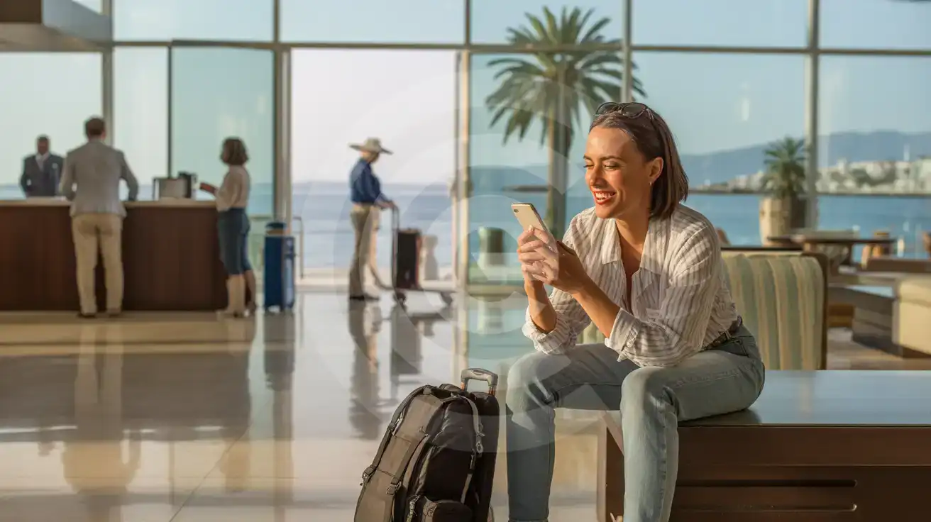 Solo female traveler relaxing in Swissôtel Büyük Efes lobby lounge with Kordon waterfront visible through windows