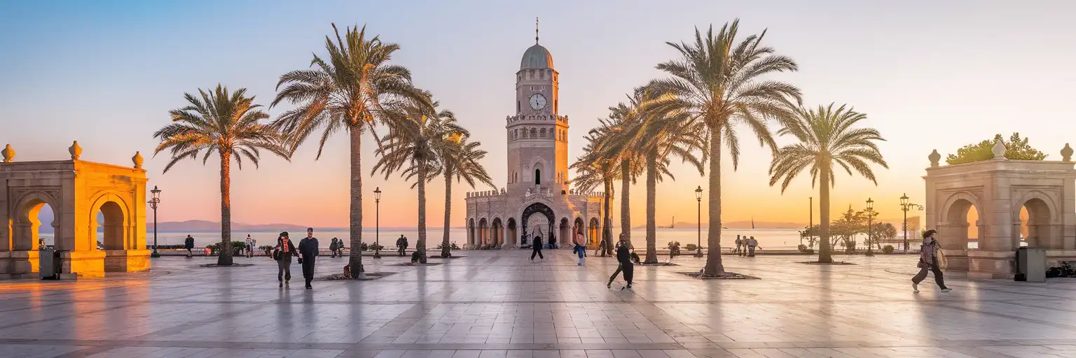 Izmir Clock Tower in Konak Square at golden hour with the Aegean Sea waterfront in the background